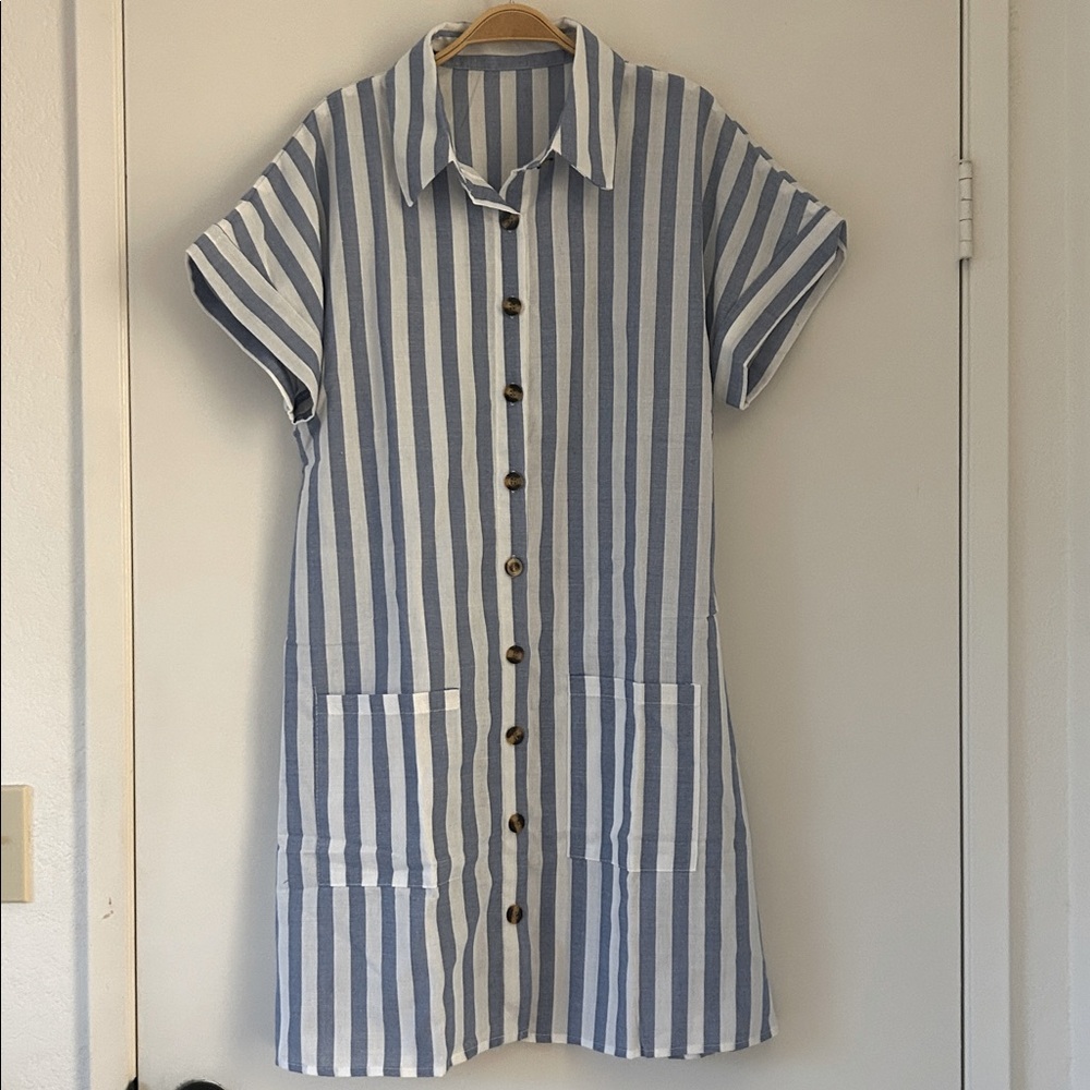 NWOT Blue and White Striped Button-Down Dress